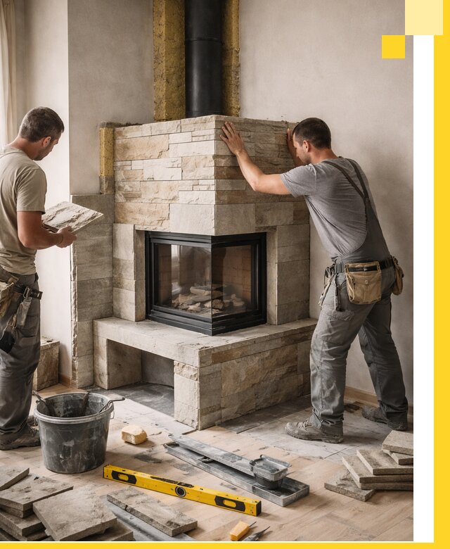 Угловые камины под ключ проект, монтаж и отделка в Удомле