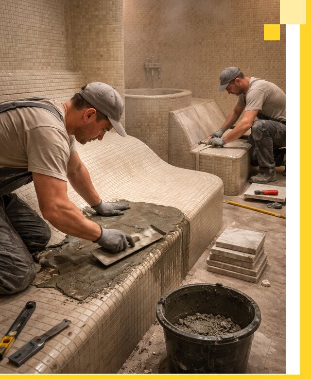 Лежаки для хамама под ключ в Удомле, проект и монтаж